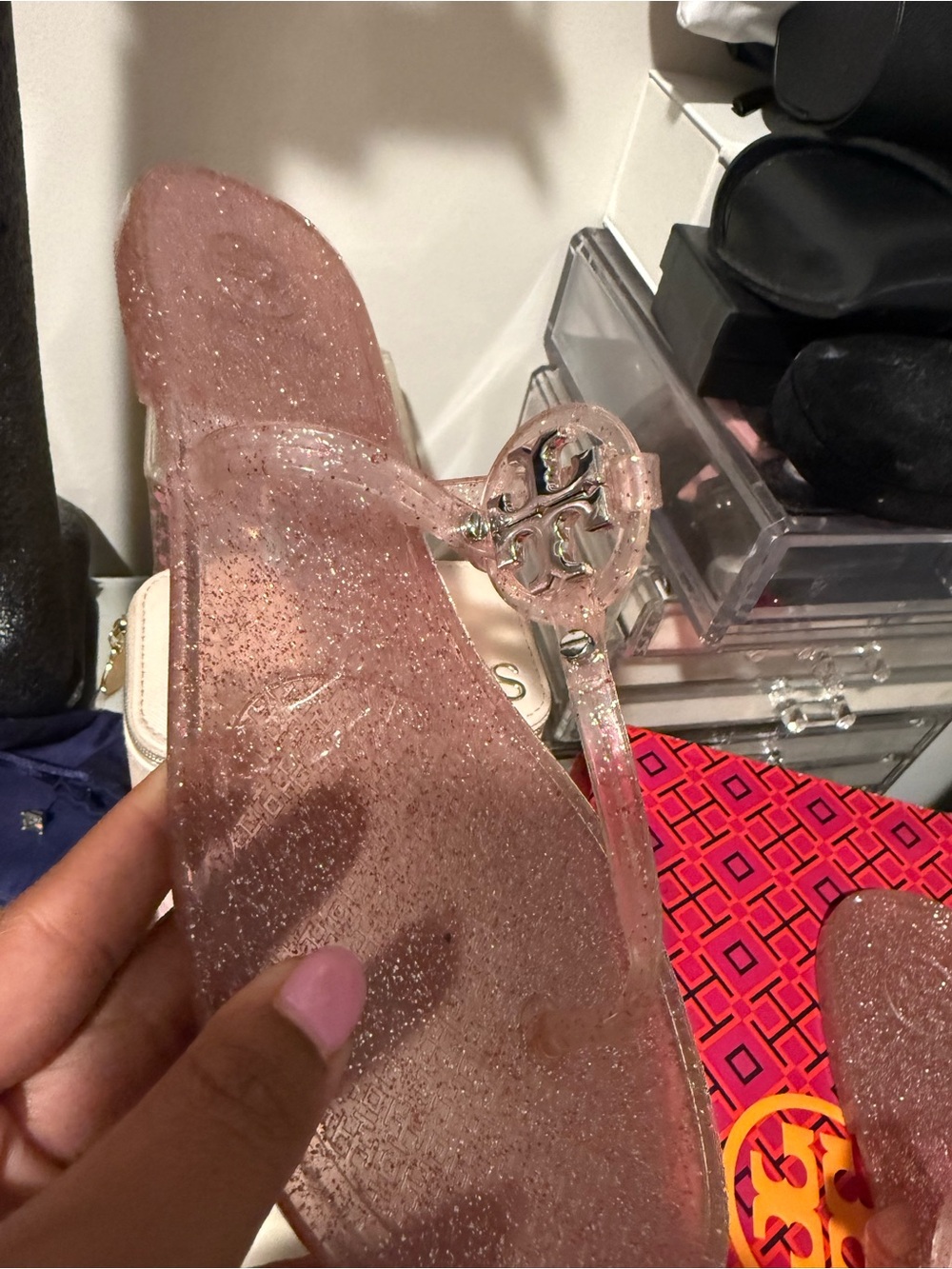 Tory Burch Pink Glitter Jelly Sandals with Gold Logo